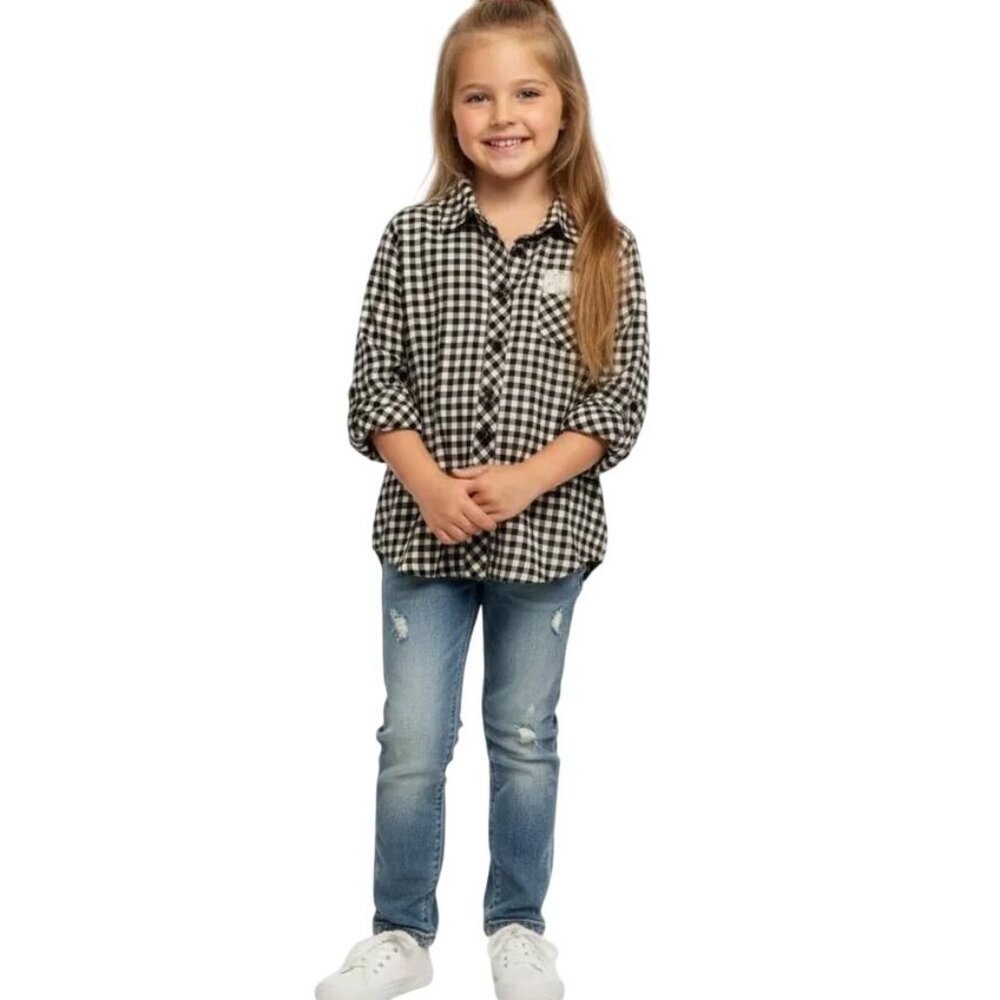 Route 66 Kids Girls Black White Gingham Plaid Flannel Long Sleeve Shirt S (6-6X)